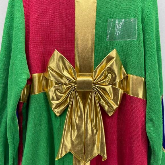 Tipsy Elves Christmas Present‎ Gold Bow NameTag Red Green Ugly Christmas Sweater - Picture 3 of 7